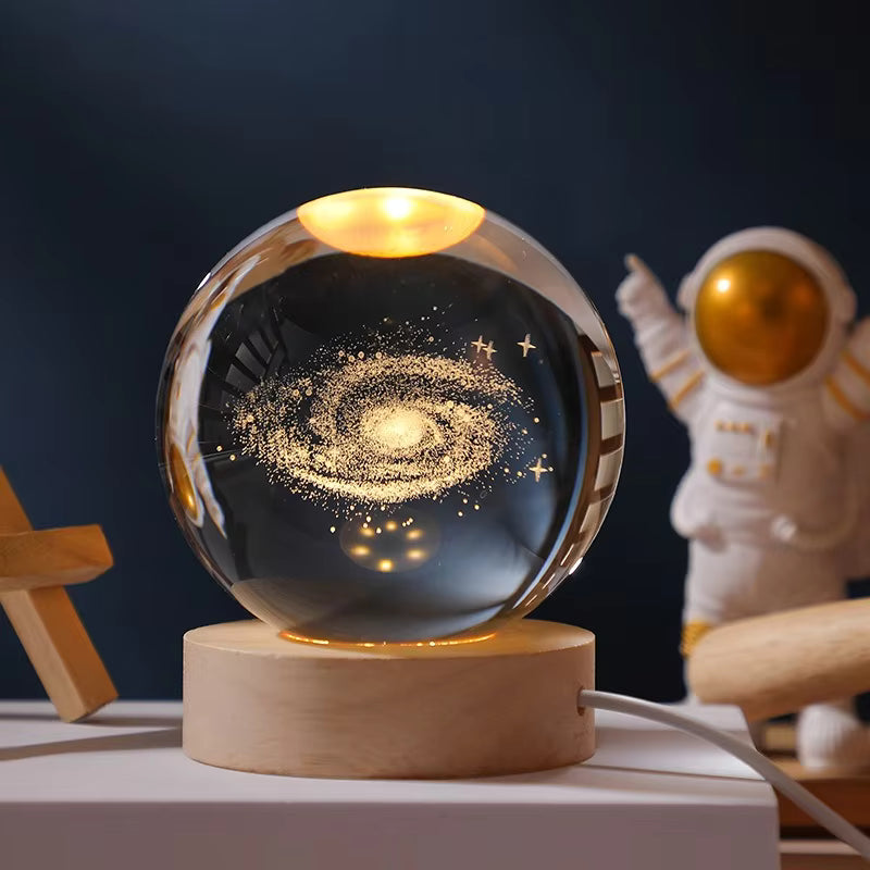 3D Galaxy Crystal Ball LED Night Light with Wooden Base – USB Decorative Lamp for Home & Office
