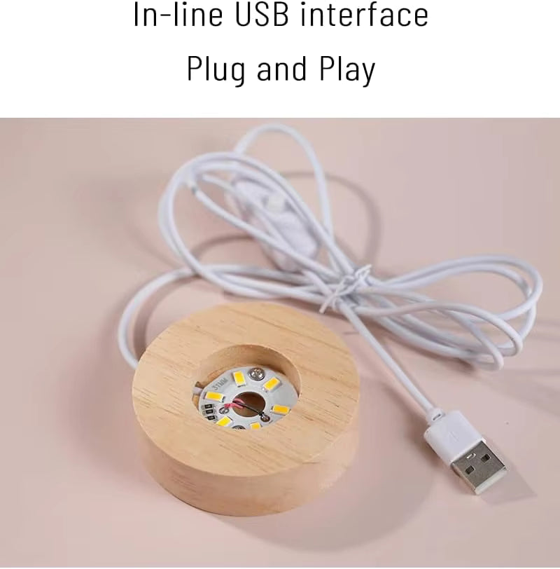 A small round wooden USB light base with a white USB cable, shown on a soft beige background with text reading 'In-line USB interface' and 'Plug and Play'.